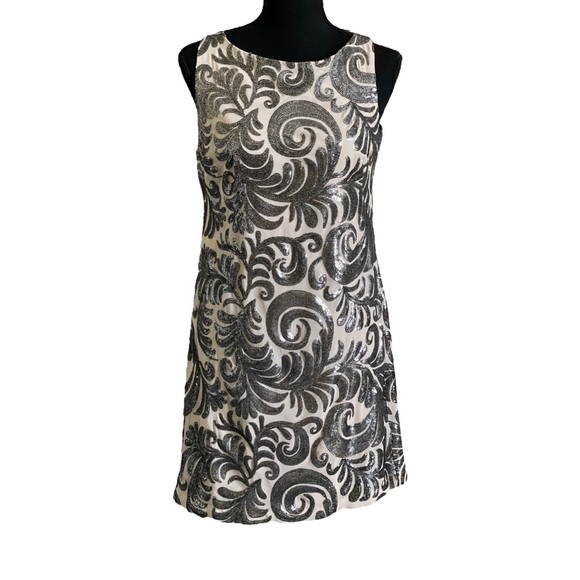 CACHE Ivory with Silver Detailing Sleeveless Shimmery Cocktail Dress Size L - Picture 1 of 4